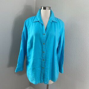 Chaps Classics Womens Plus 1X Blue‎ 100% Linen Button Up Shirt Roll Tab Sleeve